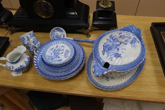 A blue and white Samuel Alcock china, plates, cups and saucers, soup tureen, ladle and dish